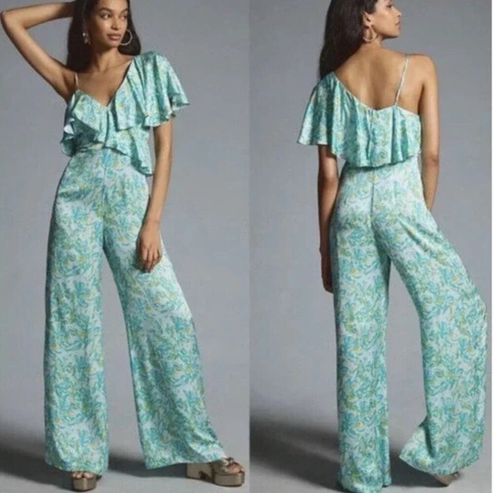 Corey Lynn Calter Teal and Yellow Floral Jumpsuit